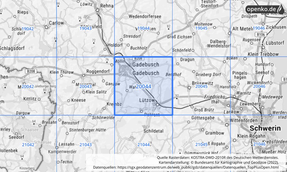 Übersichtskarte KOSTRA-DWD-2010R Rasterfeld Nr. 20044 mit angrenzenden Feldern