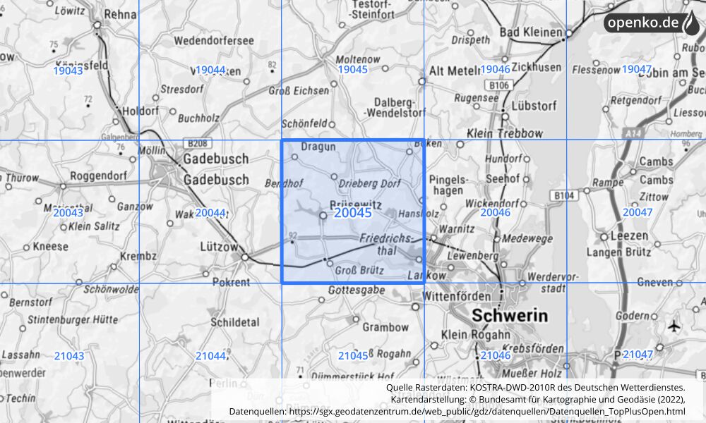 Übersichtskarte KOSTRA-DWD-2010R Rasterfeld Nr. 20045 mit angrenzenden Feldern