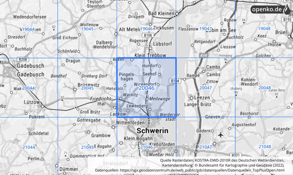 Übersichtskarte KOSTRA-DWD-2010R Rasterfeld Nr. 20046 mit angrenzenden Feldern