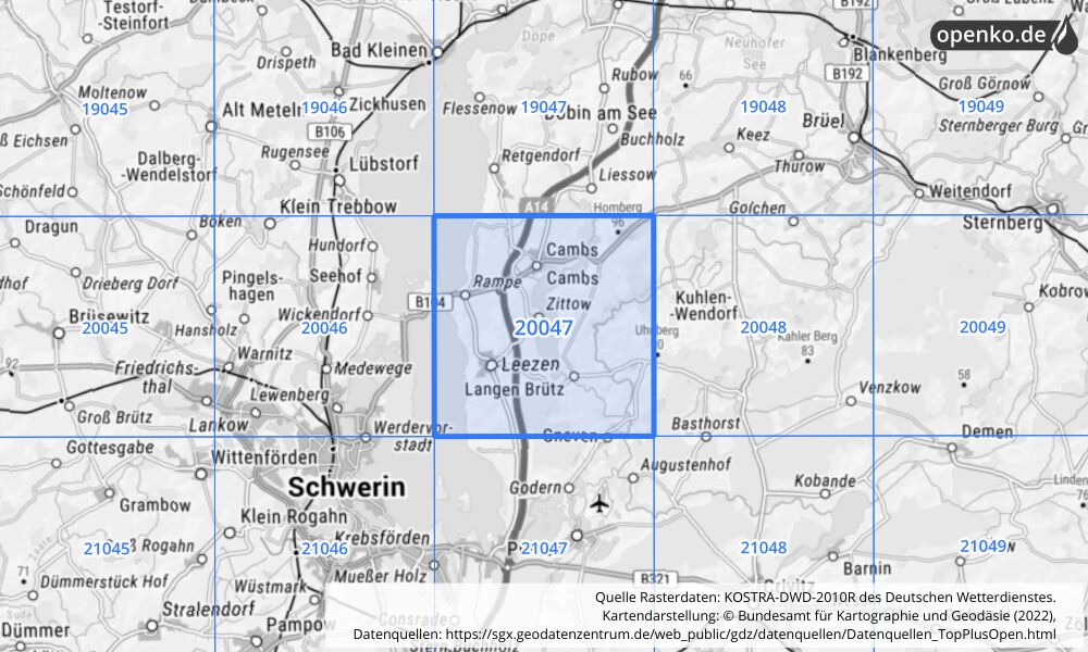 Übersichtskarte KOSTRA-DWD-2010R Rasterfeld Nr. 20047 mit angrenzenden Feldern