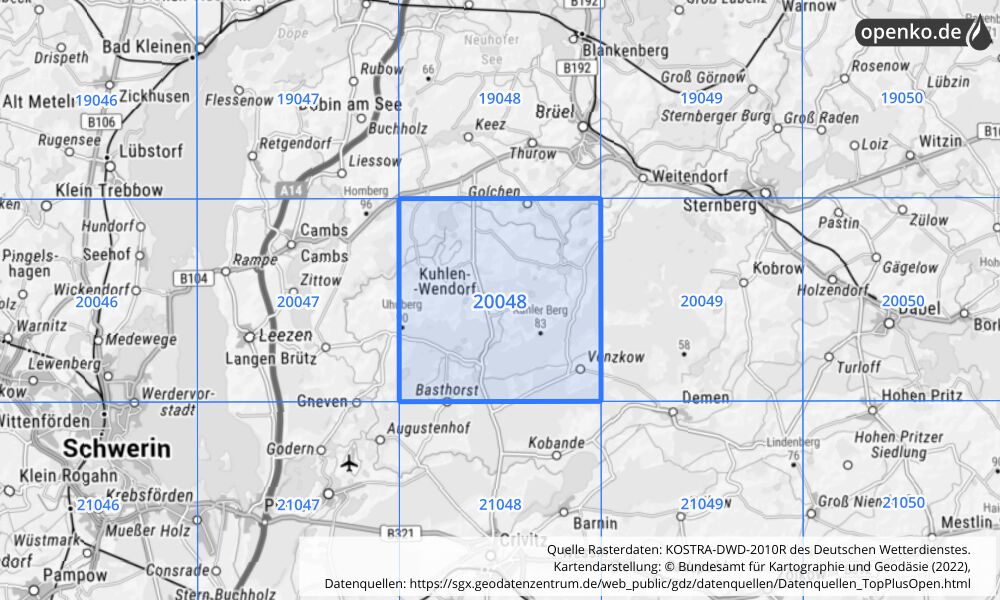 Übersichtskarte KOSTRA-DWD-2010R Rasterfeld Nr. 20048 mit angrenzenden Feldern