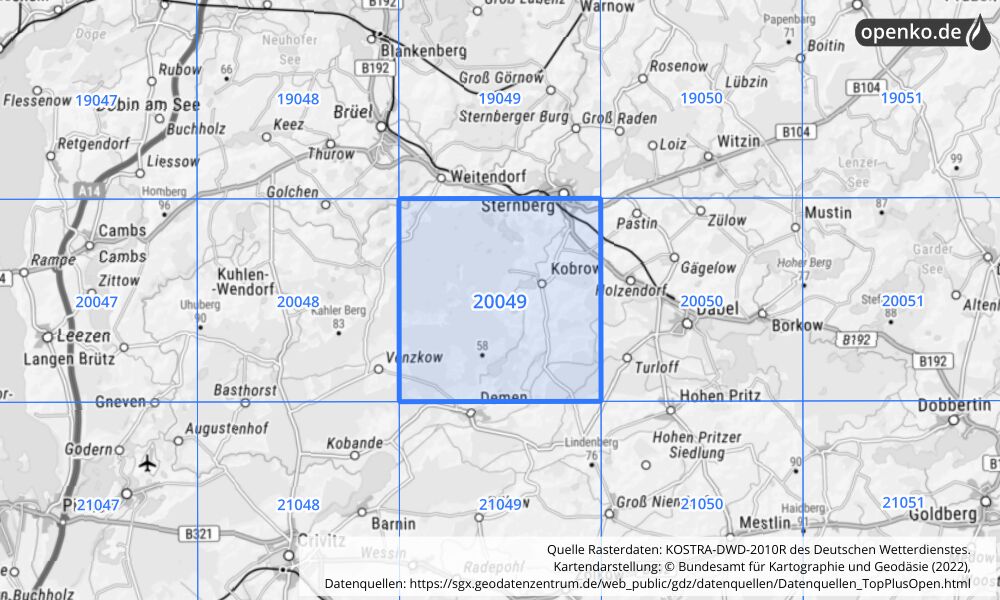 Übersichtskarte KOSTRA-DWD-2010R Rasterfeld Nr. 20049 mit angrenzenden Feldern