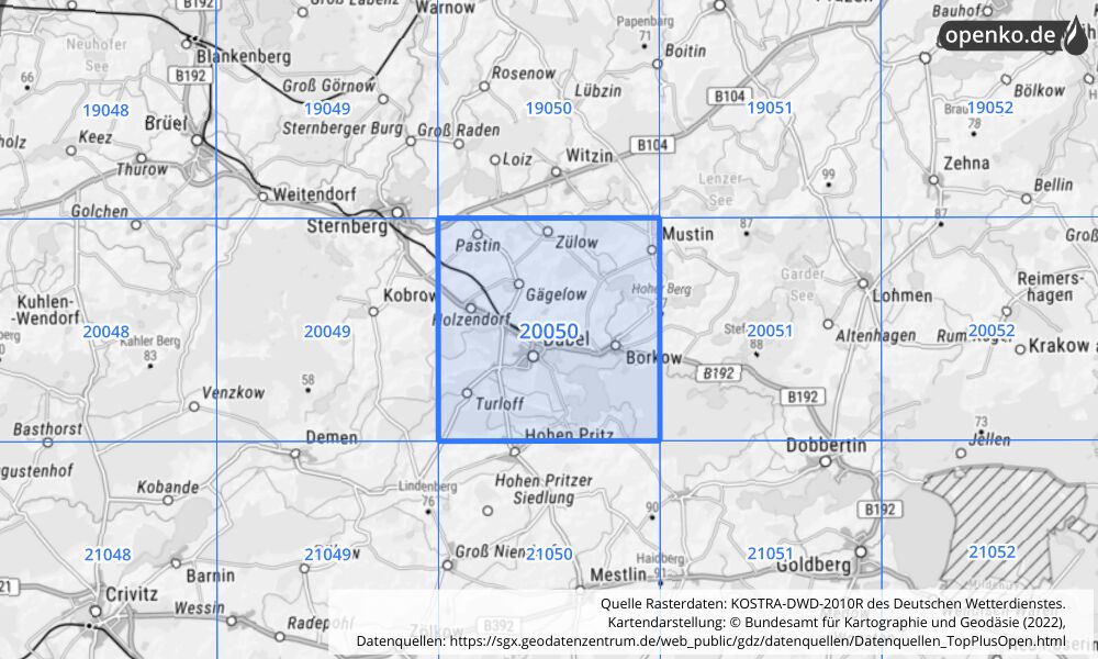 Übersichtskarte KOSTRA-DWD-2010R Rasterfeld Nr. 20050 mit angrenzenden Feldern