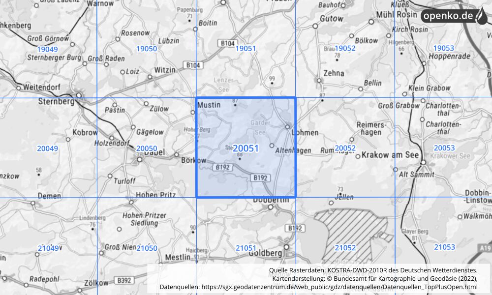 Übersichtskarte KOSTRA-DWD-2010R Rasterfeld Nr. 20051 mit angrenzenden Feldern