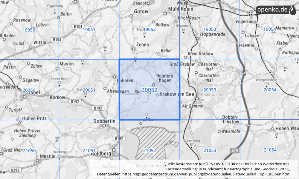 Übersichtskarte KOSTRA-DWD-2010R Rasterfeld Nr. 20052 mit angrenzenden Feldern