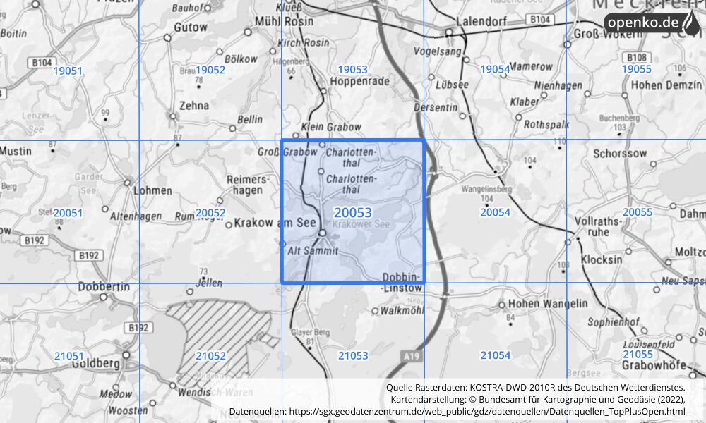 Übersichtskarte KOSTRA-DWD-2010R Rasterfeld Nr. 20053 mit angrenzenden Feldern