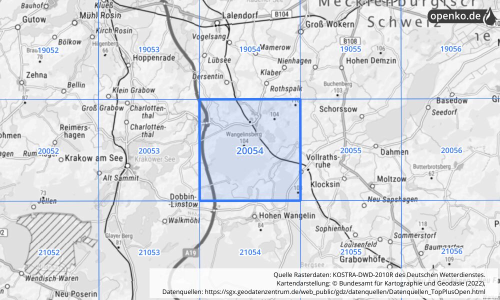 Übersichtskarte KOSTRA-DWD-2010R Rasterfeld Nr. 20054 mit angrenzenden Feldern