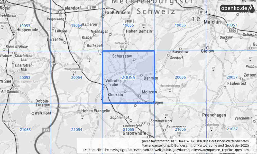 Übersichtskarte KOSTRA-DWD-2010R Rasterfeld Nr. 20055 mit angrenzenden Feldern