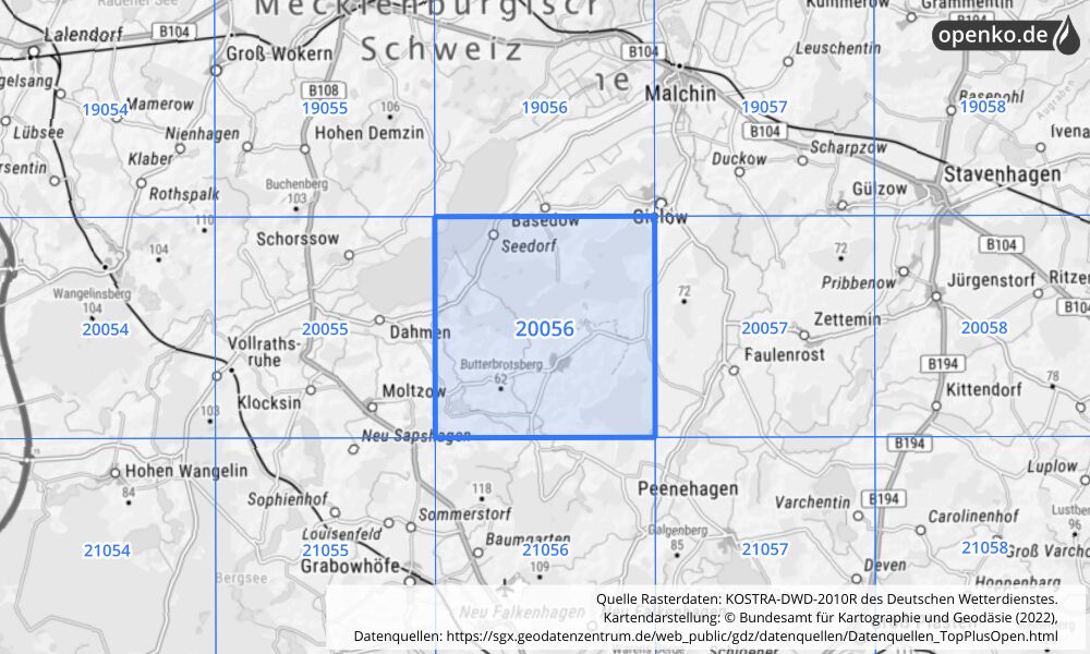 Übersichtskarte KOSTRA-DWD-2010R Rasterfeld Nr. 20056 mit angrenzenden Feldern