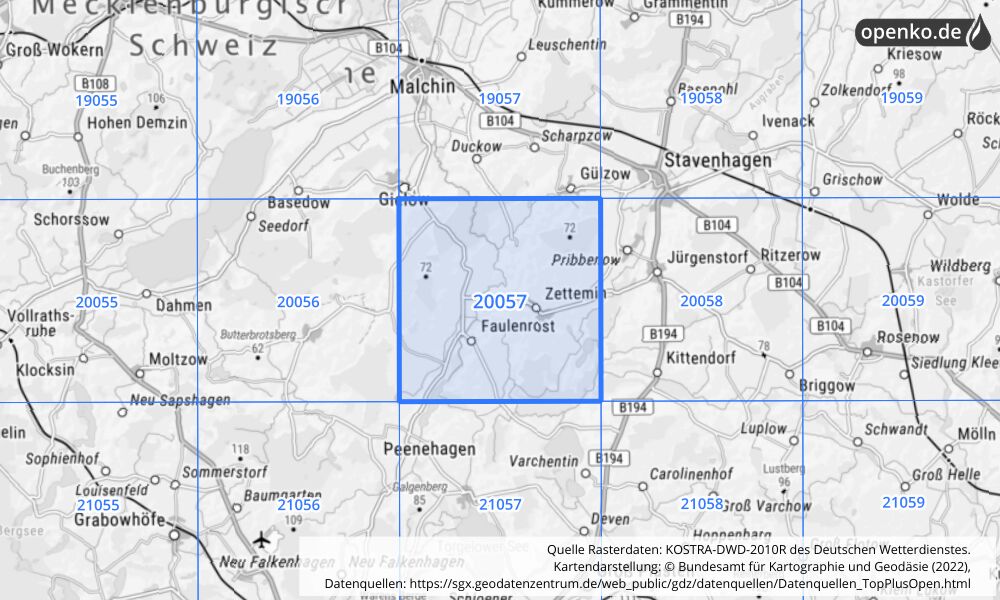 Übersichtskarte KOSTRA-DWD-2010R Rasterfeld Nr. 20057 mit angrenzenden Feldern