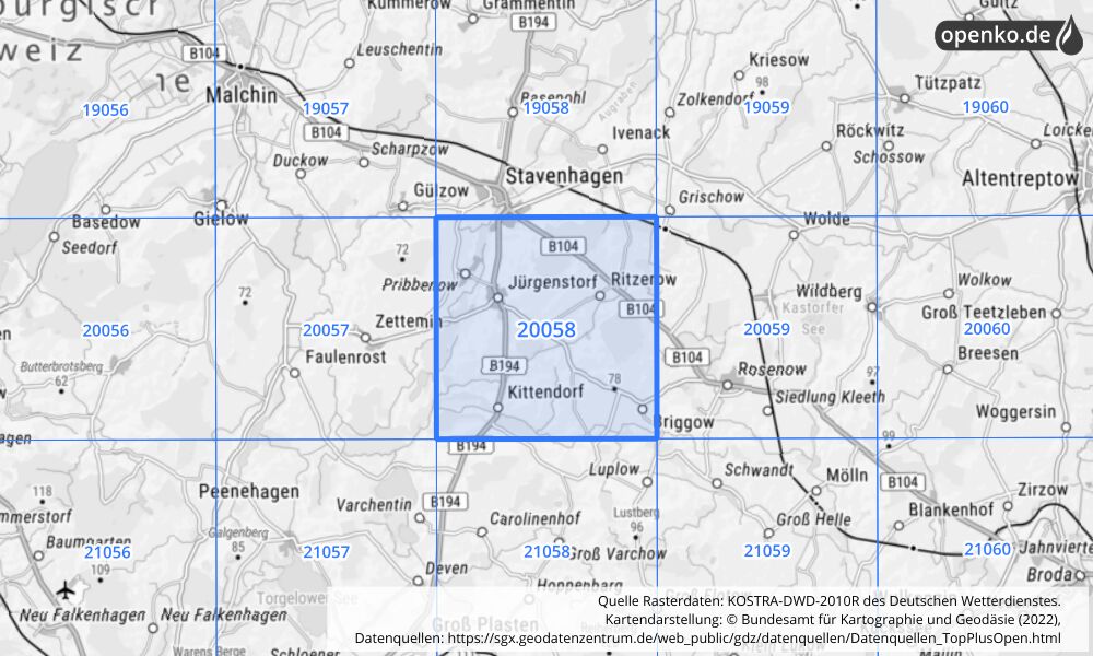 Übersichtskarte KOSTRA-DWD-2010R Rasterfeld Nr. 20058 mit angrenzenden Feldern