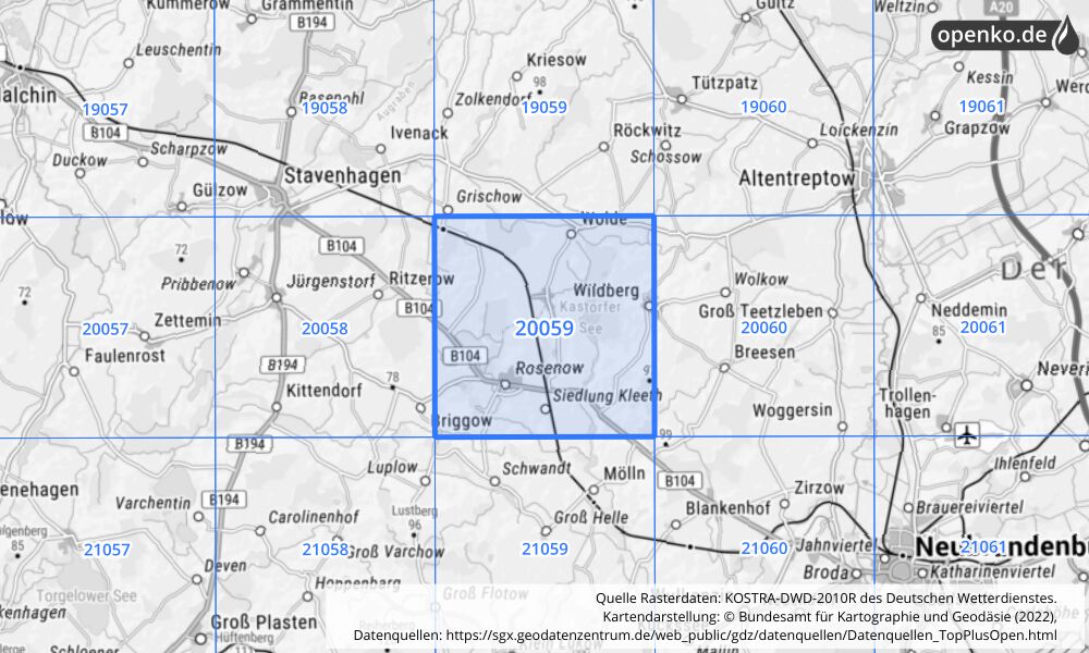 Übersichtskarte KOSTRA-DWD-2010R Rasterfeld Nr. 20059 mit angrenzenden Feldern