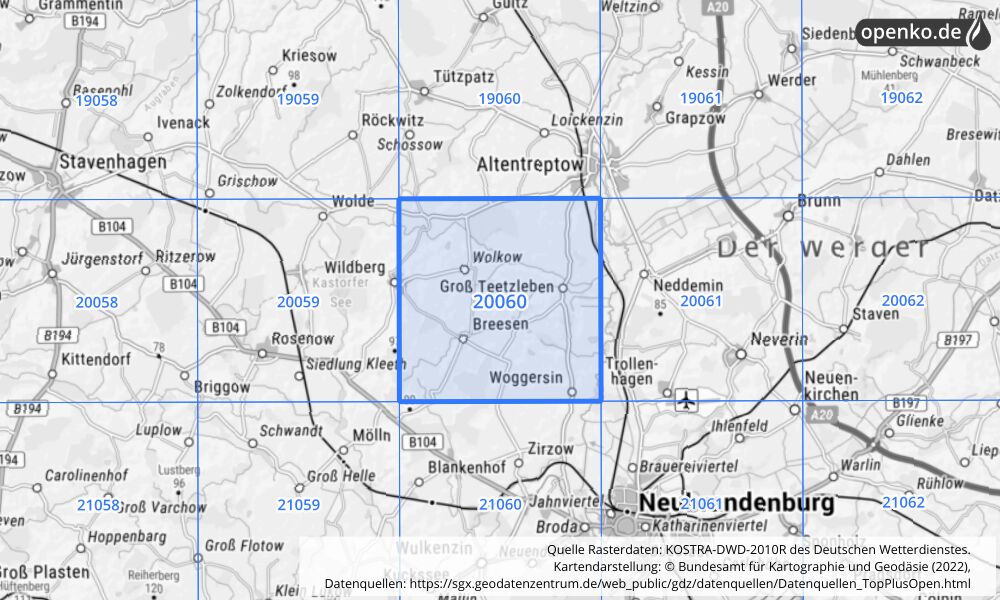 Übersichtskarte KOSTRA-DWD-2010R Rasterfeld Nr. 20060 mit angrenzenden Feldern