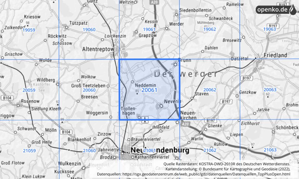 Übersichtskarte KOSTRA-DWD-2010R Rasterfeld Nr. 20061 mit angrenzenden Feldern