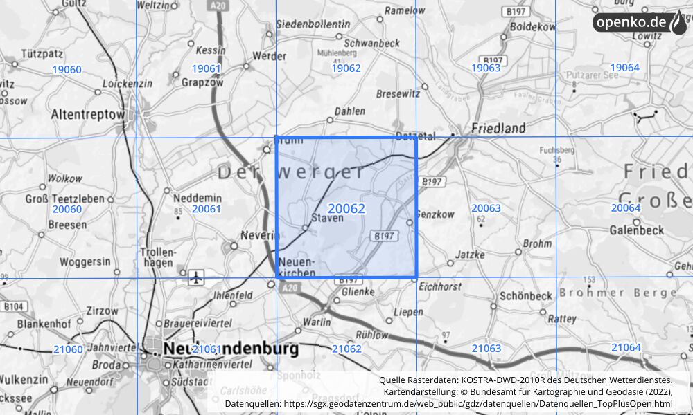 Übersichtskarte KOSTRA-DWD-2010R Rasterfeld Nr. 20062 mit angrenzenden Feldern