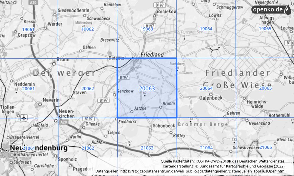 Übersichtskarte KOSTRA-DWD-2010R Rasterfeld Nr. 20063 mit angrenzenden Feldern