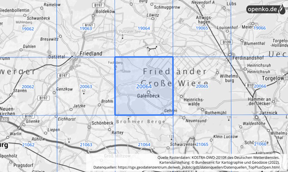 Übersichtskarte KOSTRA-DWD-2010R Rasterfeld Nr. 20064 mit angrenzenden Feldern