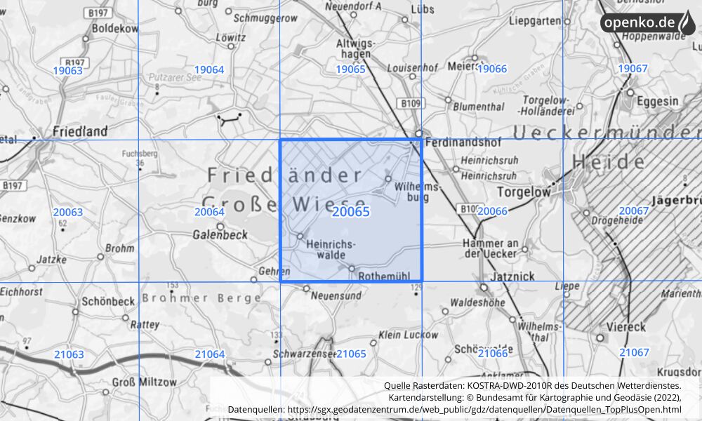 Übersichtskarte KOSTRA-DWD-2010R Rasterfeld Nr. 20065 mit angrenzenden Feldern