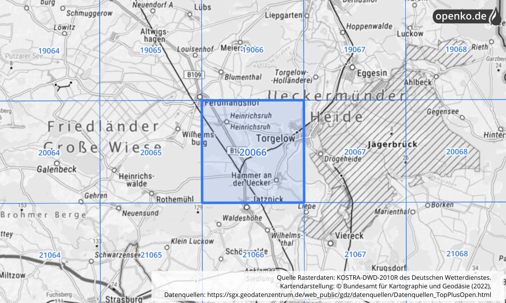 Übersichtskarte KOSTRA-DWD-2010R Rasterfeld Nr. 20066 mit angrenzenden Feldern