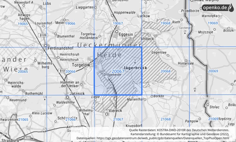 Übersichtskarte KOSTRA-DWD-2010R Rasterfeld Nr. 20067 mit angrenzenden Feldern