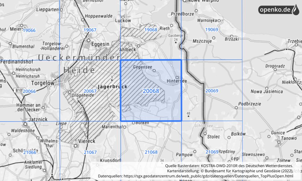 Übersichtskarte KOSTRA-DWD-2010R Rasterfeld Nr. 20068 mit angrenzenden Feldern