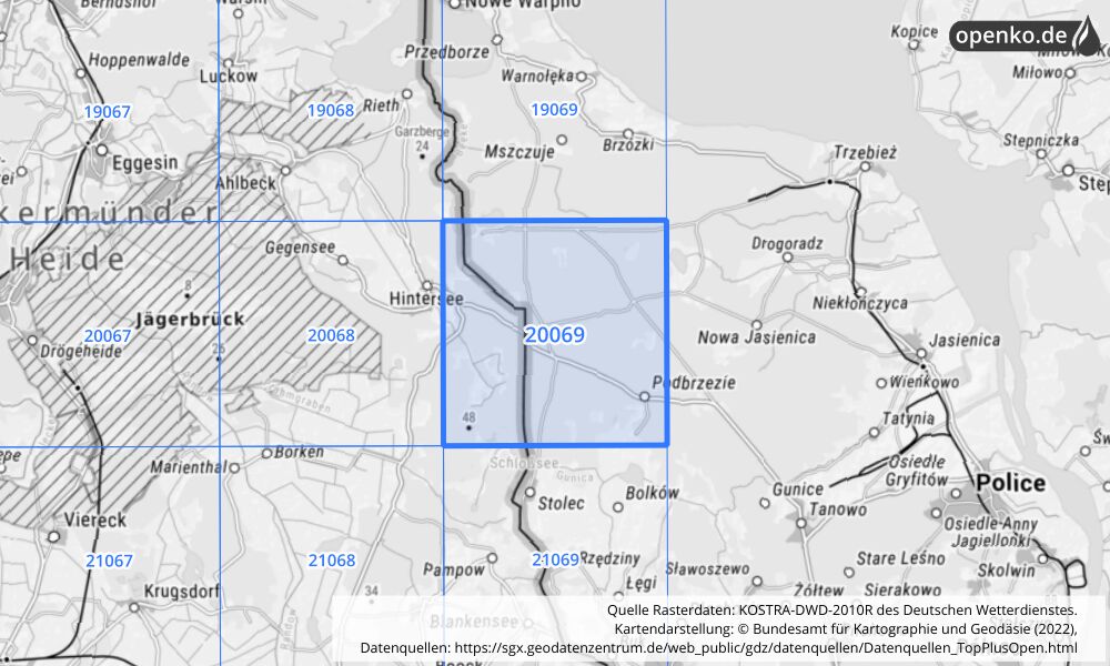 Übersichtskarte KOSTRA-DWD-2010R Rasterfeld Nr. 20069 mit angrenzenden Feldern