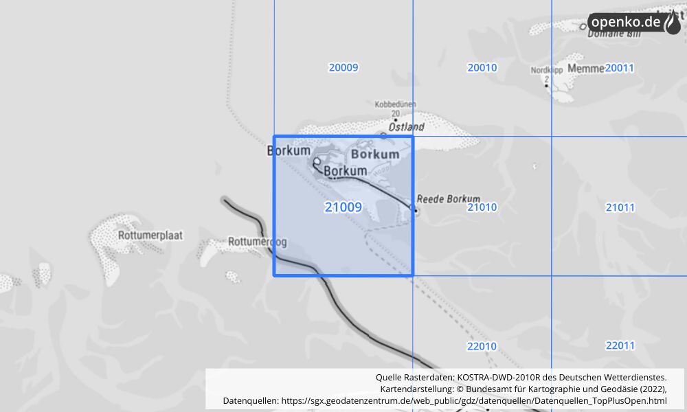 Übersichtskarte KOSTRA-DWD-2010R Rasterfeld Nr. 21009 mit angrenzenden Feldern