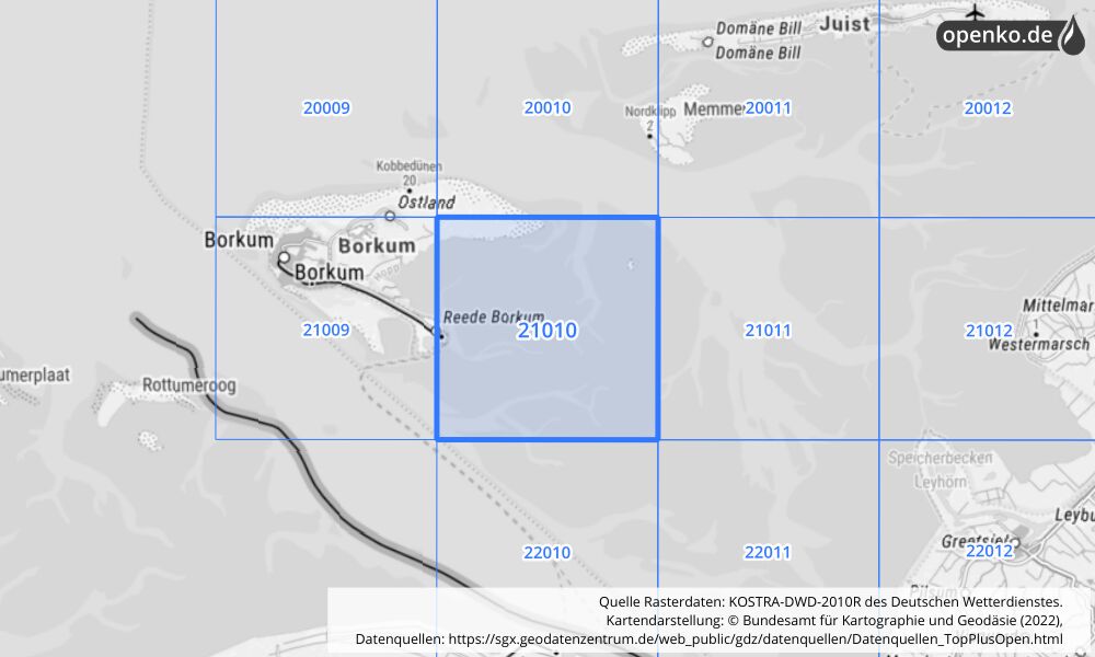 Übersichtskarte KOSTRA-DWD-2010R Rasterfeld Nr. 21010 mit angrenzenden Feldern