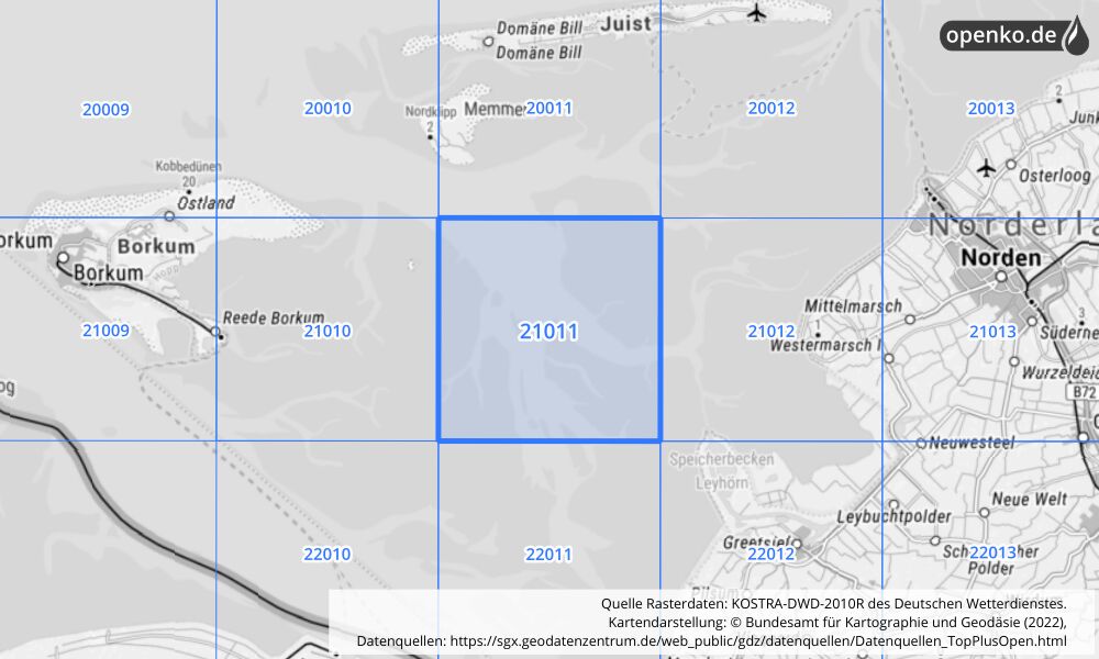 Übersichtskarte KOSTRA-DWD-2010R Rasterfeld Nr. 21011 mit angrenzenden Feldern