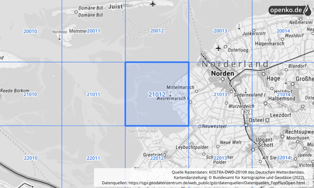 Übersichtskarte KOSTRA-DWD-2010R Rasterfeld Nr. 21012 mit angrenzenden Feldern