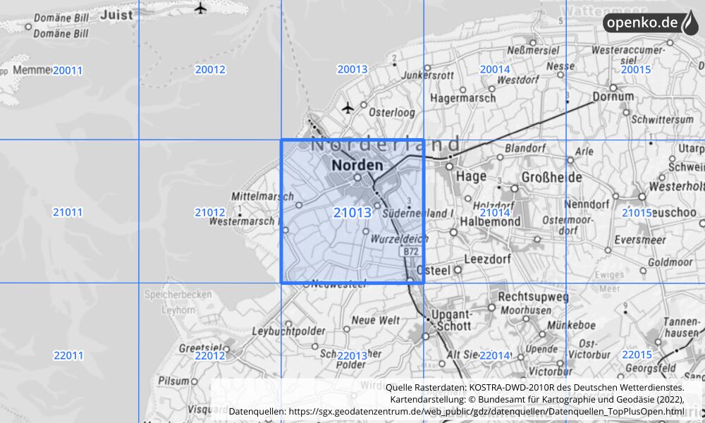 Übersichtskarte KOSTRA-DWD-2010R Rasterfeld Nr. 21013 mit angrenzenden Feldern