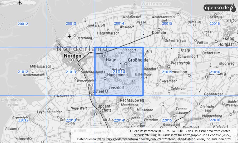 Übersichtskarte KOSTRA-DWD-2010R Rasterfeld Nr. 21014 mit angrenzenden Feldern