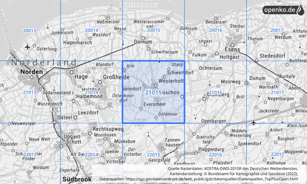 Übersichtskarte KOSTRA-DWD-2010R Rasterfeld Nr. 21015 mit angrenzenden Feldern