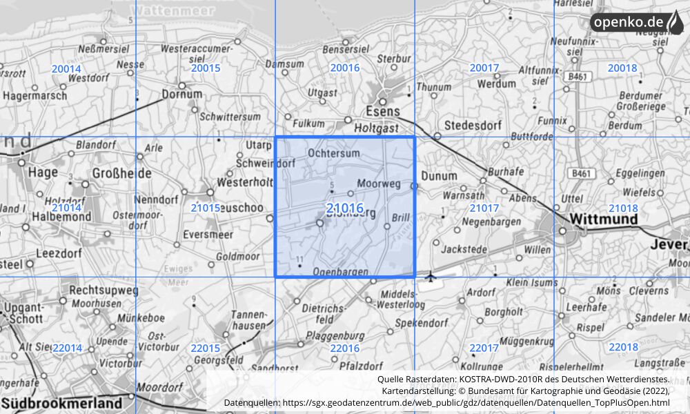 Übersichtskarte KOSTRA-DWD-2010R Rasterfeld Nr. 21016 mit angrenzenden Feldern