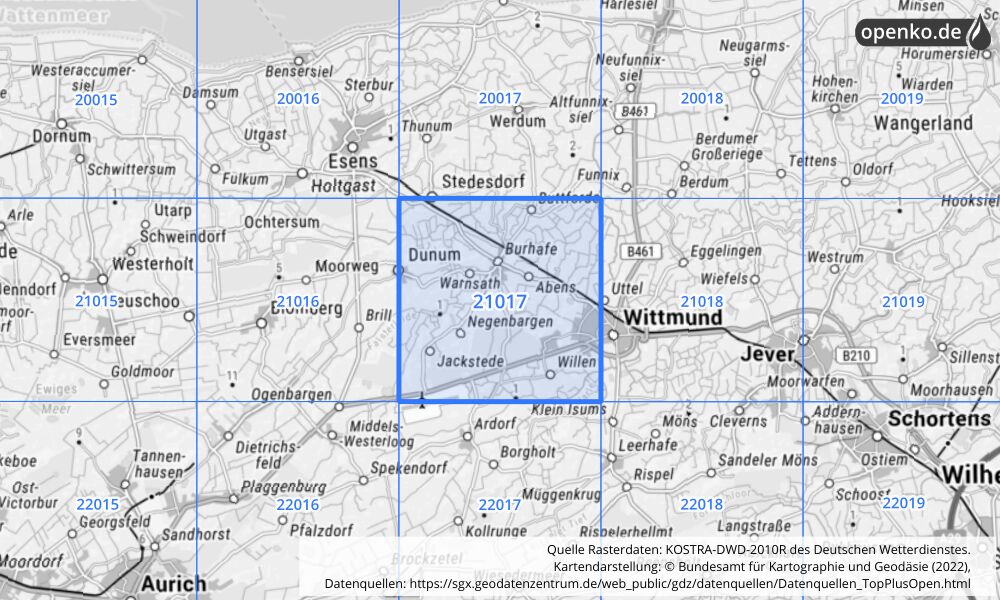 Übersichtskarte KOSTRA-DWD-2010R Rasterfeld Nr. 21017 mit angrenzenden Feldern