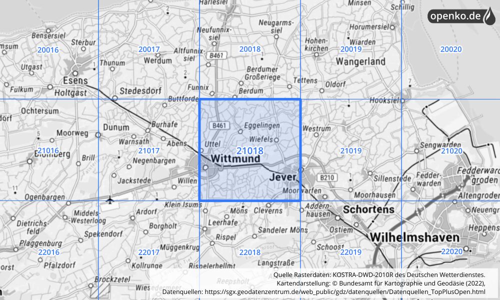 Übersichtskarte KOSTRA-DWD-2010R Rasterfeld Nr. 21018 mit angrenzenden Feldern