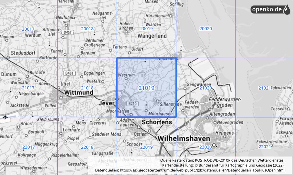 Übersichtskarte KOSTRA-DWD-2010R Rasterfeld Nr. 21019 mit angrenzenden Feldern