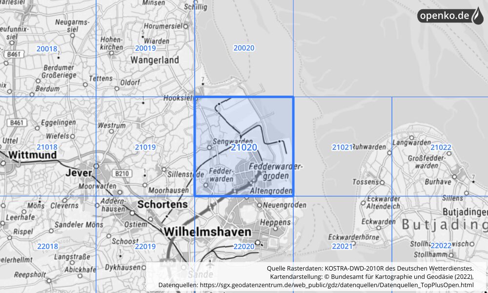 Übersichtskarte KOSTRA-DWD-2010R Rasterfeld Nr. 21020 mit angrenzenden Feldern