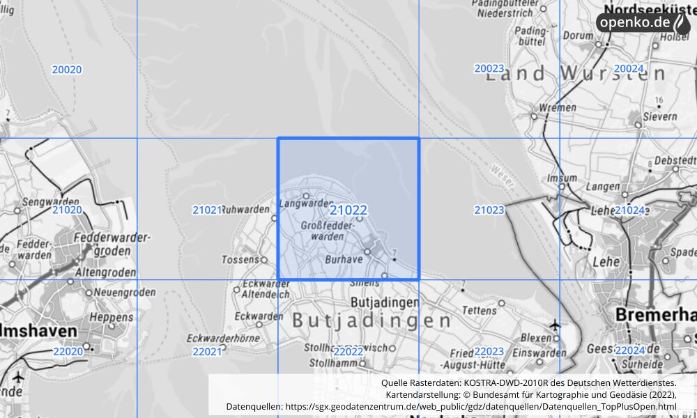 Übersichtskarte KOSTRA-DWD-2010R Rasterfeld Nr. 21022 mit angrenzenden Feldern