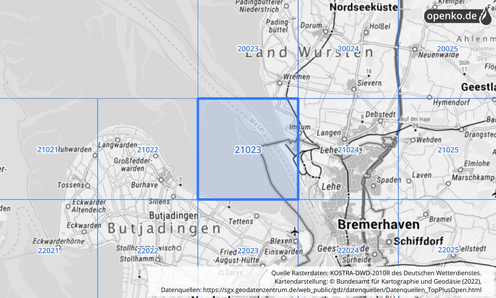 Übersichtskarte KOSTRA-DWD-2010R Rasterfeld Nr. 21023 mit angrenzenden Feldern