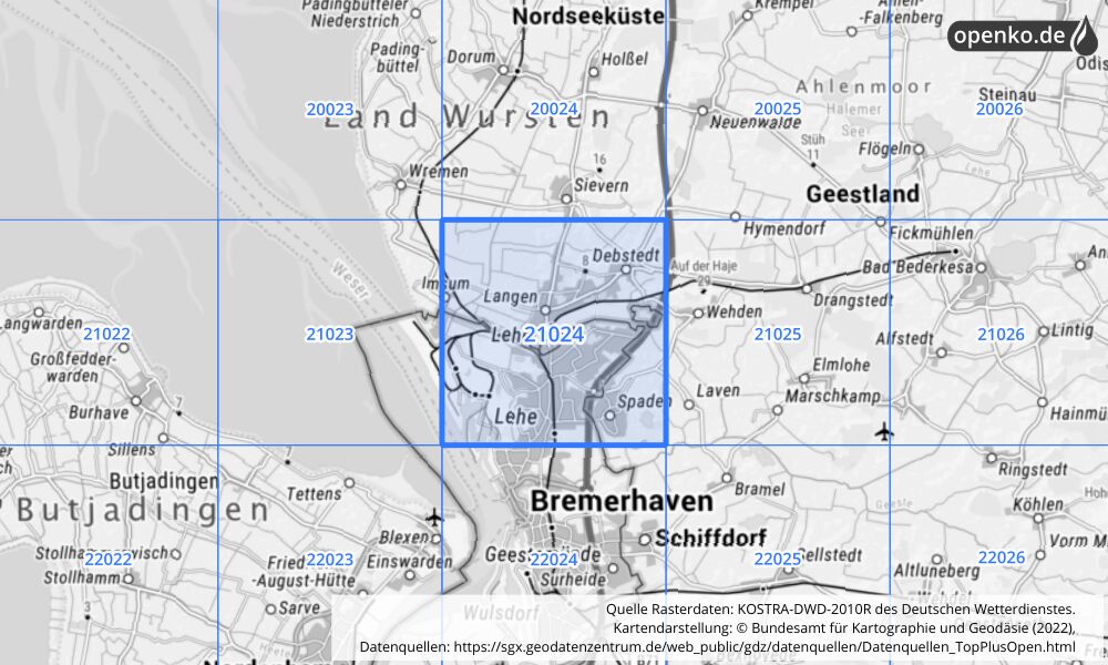 Übersichtskarte KOSTRA-DWD-2010R Rasterfeld Nr. 21024 mit angrenzenden Feldern