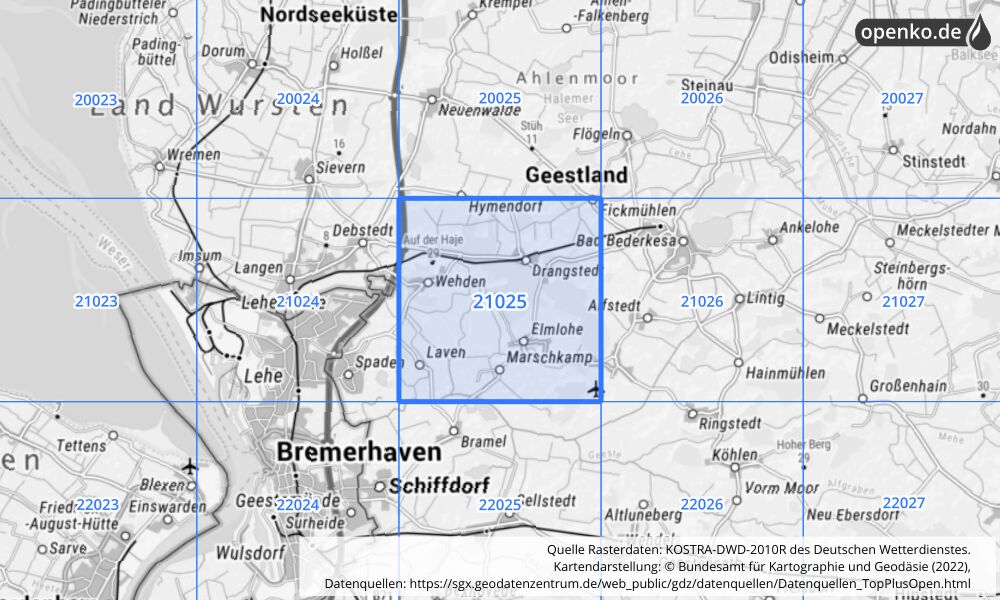 Übersichtskarte KOSTRA-DWD-2010R Rasterfeld Nr. 21025 mit angrenzenden Feldern