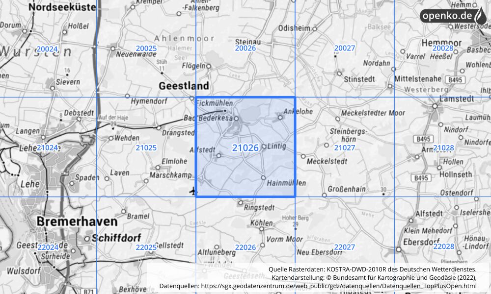 Übersichtskarte KOSTRA-DWD-2010R Rasterfeld Nr. 21026 mit angrenzenden Feldern