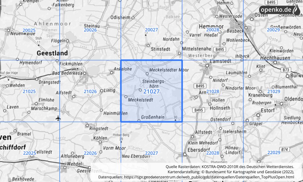 Übersichtskarte KOSTRA-DWD-2010R Rasterfeld Nr. 21027 mit angrenzenden Feldern