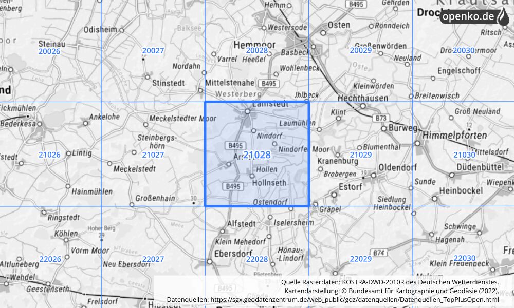 Übersichtskarte KOSTRA-DWD-2010R Rasterfeld Nr. 21028 mit angrenzenden Feldern