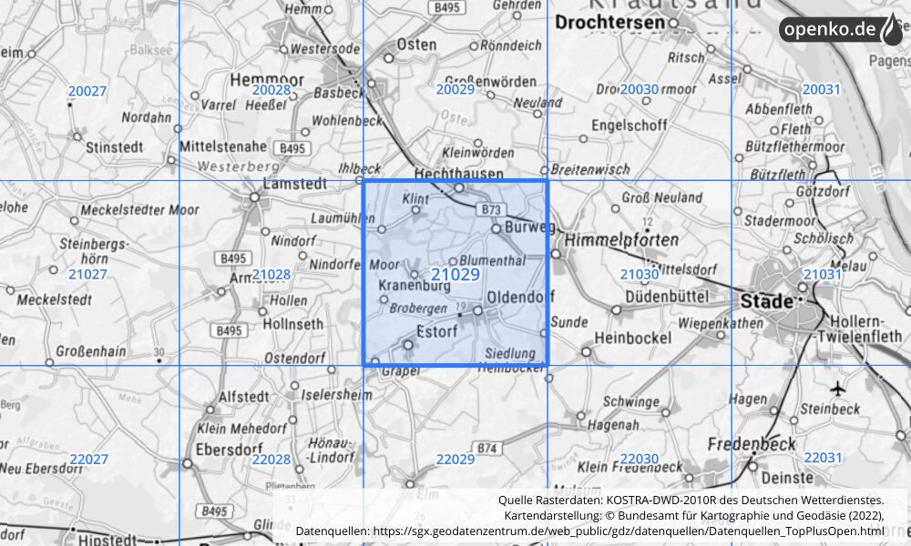 Übersichtskarte KOSTRA-DWD-2010R Rasterfeld Nr. 21029 mit angrenzenden Feldern