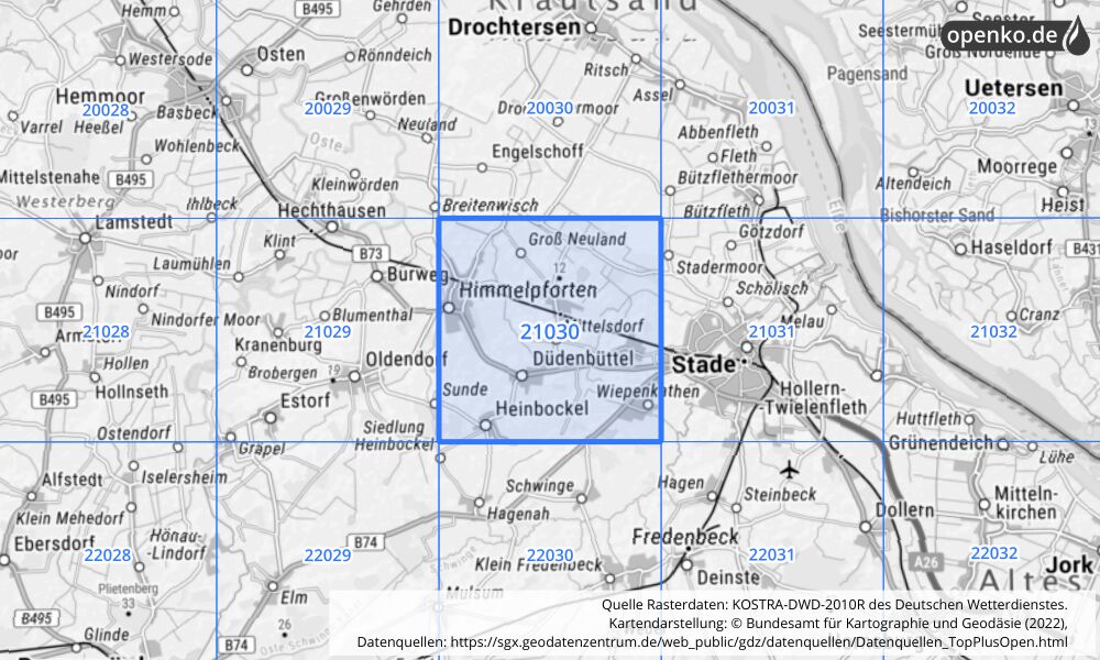 Übersichtskarte KOSTRA-DWD-2010R Rasterfeld Nr. 21030 mit angrenzenden Feldern