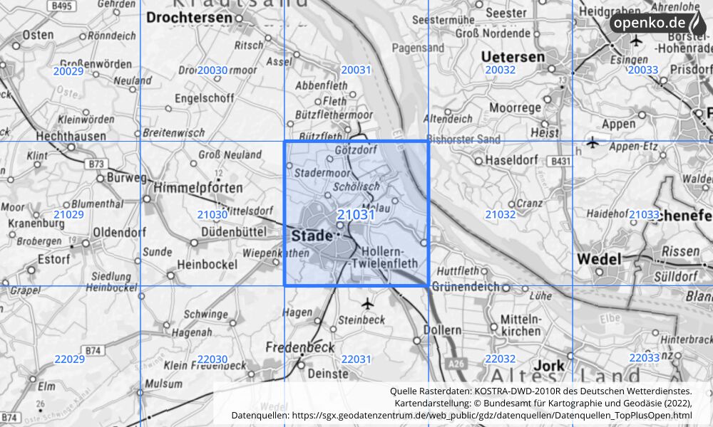 Übersichtskarte KOSTRA-DWD-2010R Rasterfeld Nr. 21031 mit angrenzenden Feldern