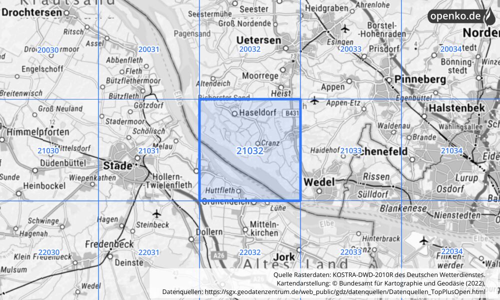 Übersichtskarte KOSTRA-DWD-2010R Rasterfeld Nr. 21032 mit angrenzenden Feldern