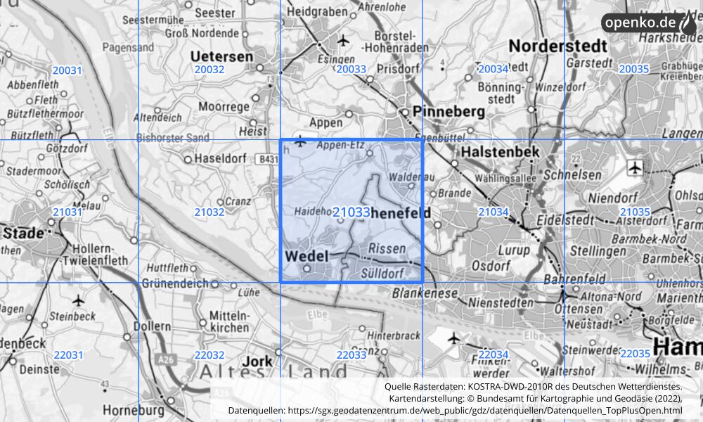 Übersichtskarte KOSTRA-DWD-2010R Rasterfeld Nr. 21033 mit angrenzenden Feldern